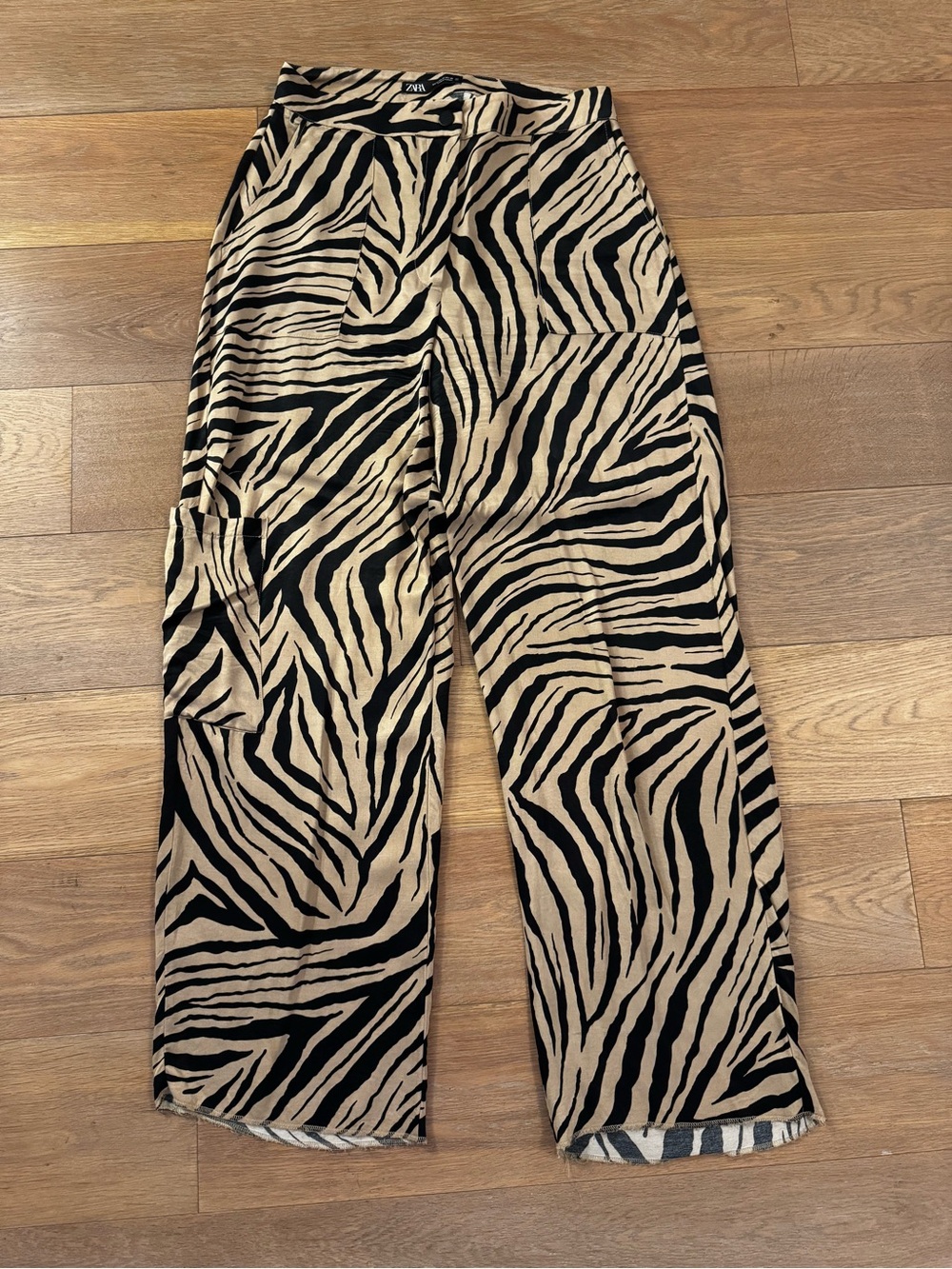 Zara Black & Beige Zebra-Print Wide Leg Pants
